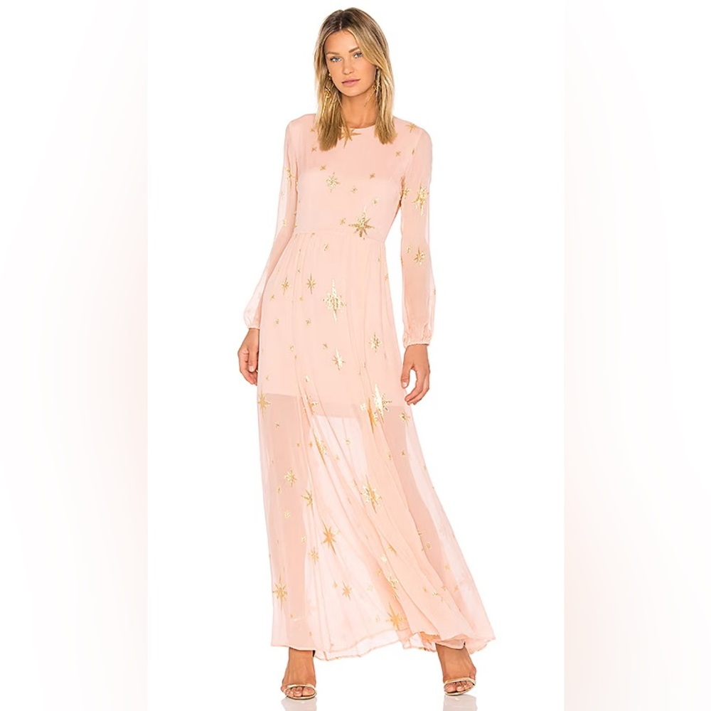 For Love And Lemons Silk Maxi Long Sleeve Gilded Gold Star & Pink Dress
